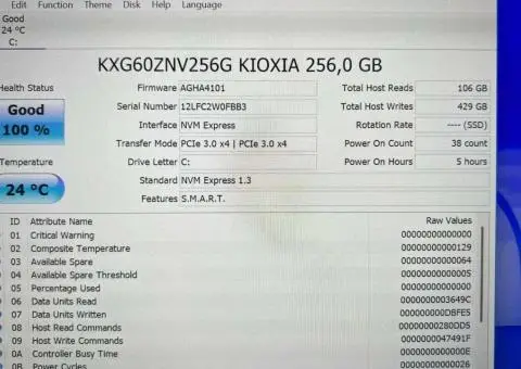 SSD 256 ГБ KIOXIA (Toshiba) (M.2 2280, 3D NAND (TLC), NVMe, KXG60ZNV256G) 100% Життя