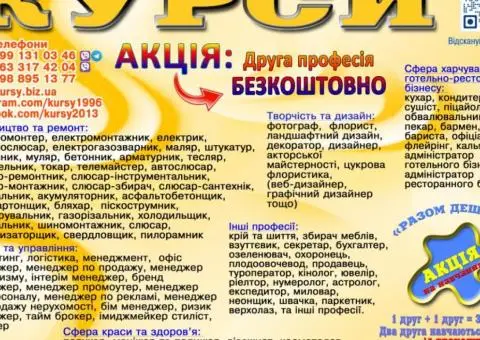 Курси сушист, піццеолі манікюр, шиття, плиточник