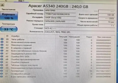 Ssd Apacer  240GB 100% здоров'я Мала нароботка Ссд диски для ноутбука або системного блока - 1/3