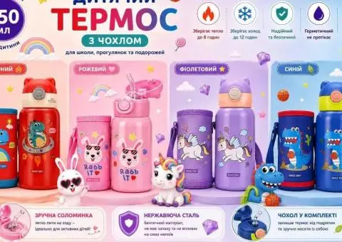 Термос дитячий 550мл пляшка для води з сумочкою  новинка кращий 2024 - 1/3