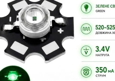 Сверхъяркие светодиоды 1W Зеленый свет / Green 520-525NM 3.4V 80lm / Алюминиевая подложка