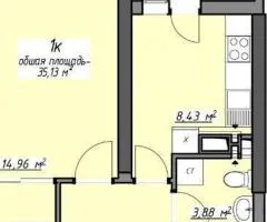 1-room apartment for sale, 33.18 m², Hlushko, Odesa