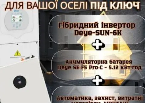 Готовый комплект бесперебойного питания Deye SUN‑6K + Deye Pro‑C с монтажом и расходными
